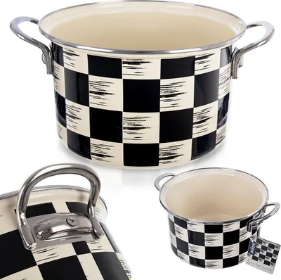 A collage of three images showing a black and white checkered pot with silver handles.