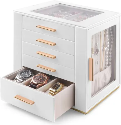 Produktbild von Gro?es Schmuckk?stchen fš¹r Frauen - 5 Lagen Kunstleder Aufbewahrungsbox fš¹r Ringe, Ohrringe, Halsketten, Armb?nder, Uhren & Haarschmuck£šwei?£©