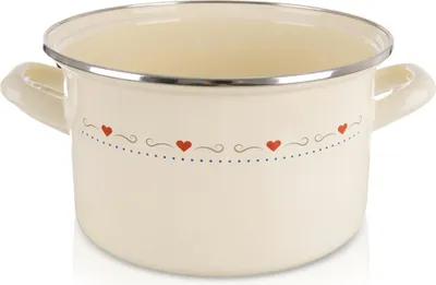 A cream-colored enamel pot with a decorative heart pattern.