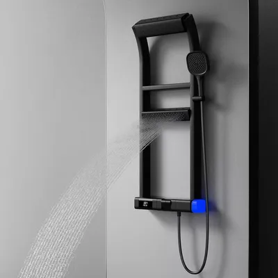 Produktbild von Multifunktion Duschsystem - wandmontiertes Duschpaneel - Thermostat - Wasserfallbrause - Digitaldisplay - 3-Griff Armatur - Schwarz