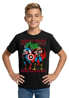Produktbild von Spreadshirt Avengers Superhelden Ugly Christmas Teenager T-Shirt, 152/164 (12-14 Jahre), Schwarz