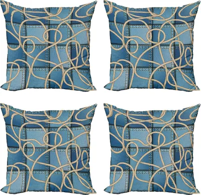 Produktbild von ABAKUHAUS Nautisch Kissenbezug Set (4 Stück), Denim Patchwork Seil, Moderner Doppelseitiger Digitaldruck, 60 cm x 60 cm, Blau