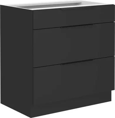 A black cabinet with three drawers.