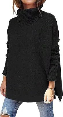 Image de ASKSA Pull à col roulé pour femme Pull uni à manches chauve-souris, Noir, L