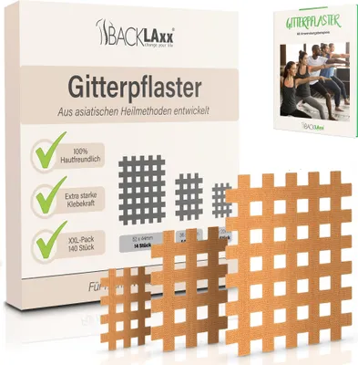 Produktbild von BACKLAxx® Gittertape - 140 Stück Premium-Qualität Gitterpflaster Set in 3 Größen Typ a b c - GRATIS umfangreiches eBook mit über 60 Anwendungsbeispielen