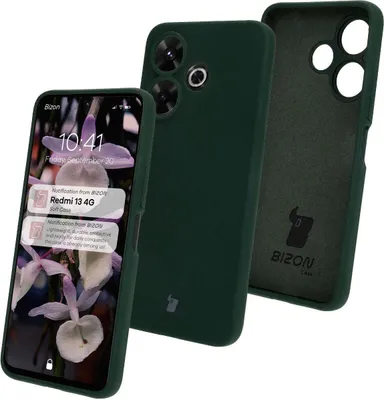 A dark green phone case is shown from multiple angles, with one angle displaying a phone screen with notifications.