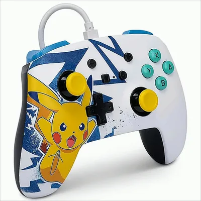 A close-up, studio shot of a white gaming controller with a Pikachu design.