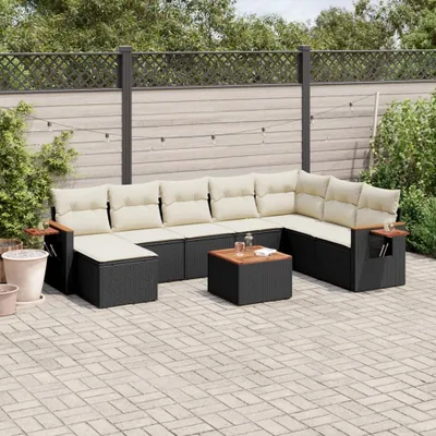 Produktbild von Design 9-tlg. Garten-Sofagarnitur mit Kissen Schwarz Poly Rattan, Gartenmöbel-Sets 2024 Neu