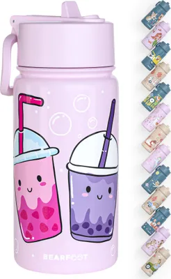 Produktbild von Trinkflasche Kinder Edelstahl mit Strohhalm, Thermosflasche 400ml - BPA frei, auslaufsicher, Kleinkinder, Mädchen & Jungen Wasserflasche-BubbleTea lila