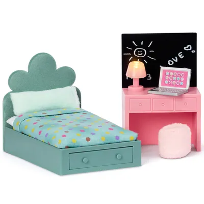 Produktbild von Lundby Puppenmöbelset Tonårsrumset mit Lampe, flauschigem Kopfteil und ausziehbarer Schublade
