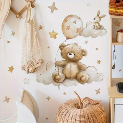 Produktbild von Wolken Teddybär Wandsticker Kinderzimmer Wandtattoo mit Hase Sterne Ballon Boho Babyzimmer Wanddeko selbstklebend