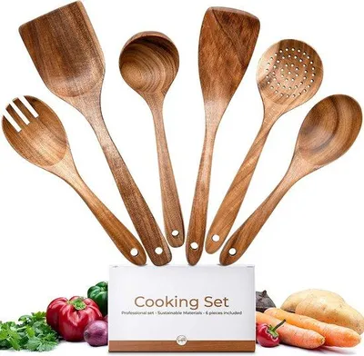 Produktbild von 6-teiliges Küchenutensilien Set aus Holz für die Küche: Schöpfkelle, Löffel, Gabel, Spatel