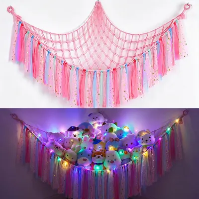 Kuscheltier-Aufbewahrungsnetz mit LED, Boho, Macramé, rosa