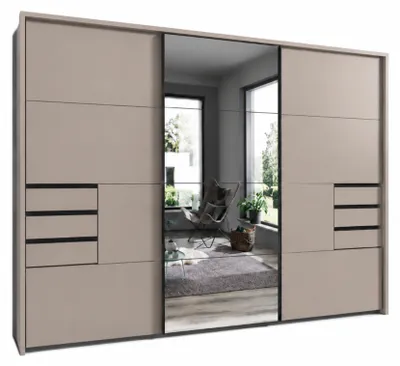 Produktbild von Schwebetürenschrank Kleiderschrank 3-türig 273 cm Sandgrau, Spiegel u. Passepartout / 22621
