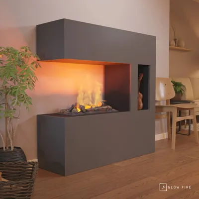 Produktbild von GLOW FIRE Elektrokamin 'Schiller' Pocket | Wasserdampf Kamin mit OMC 600 inkl. Holz in Grau als Raumteiler | HxBxT: 120x120x37 cm