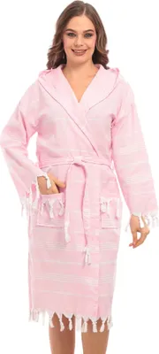 Produktbild von Bademantel Damen & Herren Uni – Weich & Leicht Langform, 100% Baumwolle, mit Kapuze, & Gürtel, Hamamtuch-Stil mit Taschen – Ideal für Sauna_Rosa