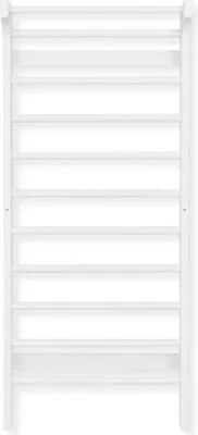 A white wooden wall-mounted climbing frame with multiple horizontal bars.