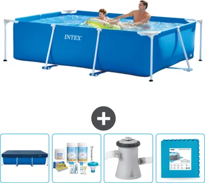 Produktbild von Intex-Schwimmbecken mit rechteckigem Rahmen – 260 x 160 x 65 cm – Blau – im Lieferumfang enthalten Abdeckung - Wartungspaket - Filterpumpe für Schwimmbad - Bodenfliesen