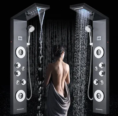 Produktbild von Led duschpaneel schwarz Duschsäule Edelstahl Wasserfall Regendusche Massage set