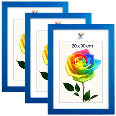 Produktbild von MG Design 3er Set Bilderrahmen 20 x 30 cm - Fotorahmen mit Blau Echtholzrahmen und bruchsicherem Acrylglas, Hoch & Quer zum Aufhängen, zum Aufstellen