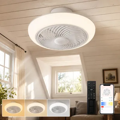 Image de Ventilateur de plafond de 46 cm avec éclairage - Ventilateur silencieux de 36 W avec moteur à courant continu, contrôle via application et télécommande, lampe de plafond LED, variateur d'intensité, idéal pour les chambres d'enfants, design plat