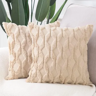 Productafbeelding van Set van 2 zachte, pluizige sierkussenhoezen van korte wollen fluweel, in luxe stijl, geschikt voor de bank en slaapkamer, kleur: kaki, afmetingen: 55 x 55 cm (vierkant)