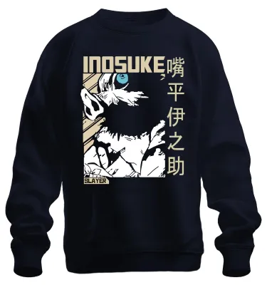 Imagen del producto de Sudadera con cuello redondo, diseño de máscara de jabalí de Inosuke, ideal para fans del anime "Demon Slayer", color azul marino, talla XL