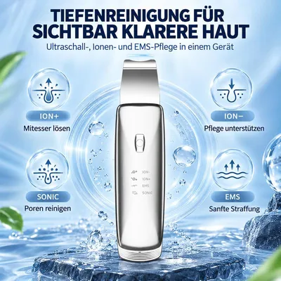 Produktbild von Ultraschall Gesichtsspatel Porenreiniger, elektrischer Hautreiniger mit EMS, Ionenfunktion, Blaulicht, 26000 Hz Vibration und 3,7 V Akku