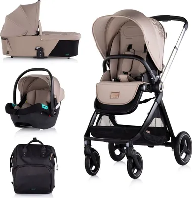 A collage of a baby stroller system with multiple components.