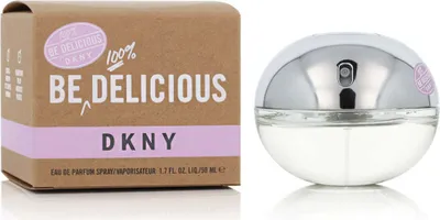 A product shot of DKNY Be Delicious Eau de Parfum, showing both the perfume bottle and its packaging.