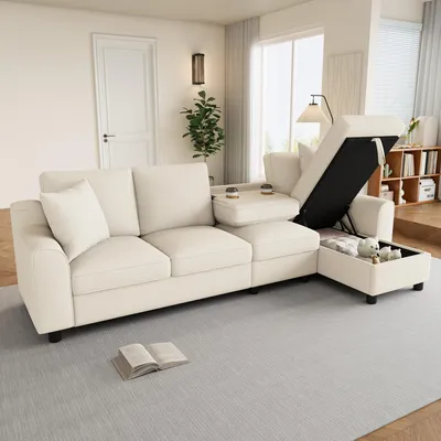 Produktbild von STILVORA Ecksofa 3-Sitzer in L-Form mit Chaiselongue und Stauraum, Wohnzimmersofa mit klappbarer Rückenlehne und Getränkehaltern, Modulares Sofa Beige