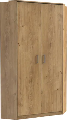 Produktbild von Kleiderschrank "Click" aus Spanplatte in Plankeneiche-Nachbildung mit 2 Türen und 8 Einlegeböden. Abmessungen (B/H/T) 95x198x95 cm