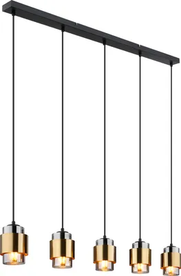 A modern pendant light fixture with five cylindrical lamps.
