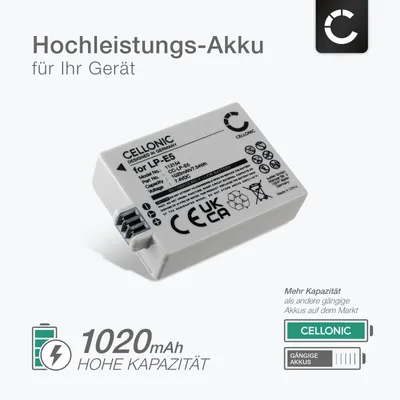 Produktbild von CELLONIC 2x Akku für Kamera Kompatibel mit Canon EOS 500D, EOS 1000D, EOS 450D, LP-E5 - (1020mAh, 7.4V)