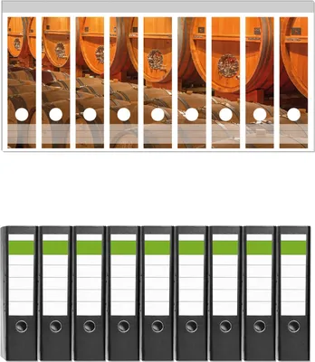 Produktbild von Wallario 9 Stück breite Ordner inkl. Klebeetiketten mit Motive Weinkeller mit alten Holzfässern -  Set mit Rückenschildern / Ordnerrücken Stickern