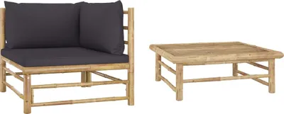 Produktbild von 2-tlg. Garten-Lounge-Set mit Dunkelgrauen Kissen Bambus