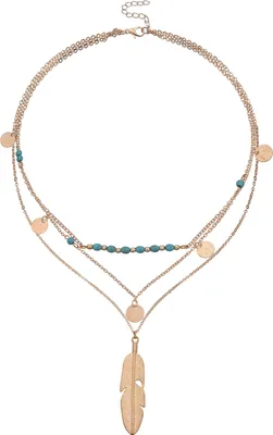 Produktbild von Mehrlagige lange Halskette für Damen, türkisfarbene Stein-Pailletten-Halskette, Feder-Perlen-Strang, Pullover-Kette, Halsketten, Modeschmuck, Geschenke