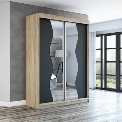 Produktbild von Schwebetürenschrank, 2-türig Schrank mit Spiegel! Moderne Garderobe für Kleidung. Verschiedene Farben (Weiß, Schwarz, Somona) Kleiderschrank RIMA 160  cm