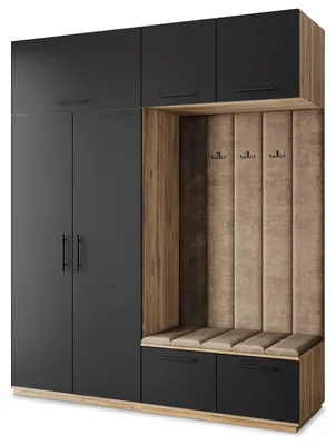 Produktbild von Masseno Garderobe-Set REMA 200/240/60 cm Modern Garderobenschrank Eiche Wotan, Veloursstoff MONOLITH 09 (Beige)