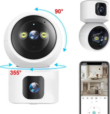 Produktbild von Überwachungskameras, 355°-WLAN-Überwachungskamera für den Innenbereich, FHD 1080P Dual-Kamera, 90° verstellbar, mit Bewegungsverfolgung und Nachtsicht, APP, Ton- und Lichtwarnung, Zwei-Wege-Audio