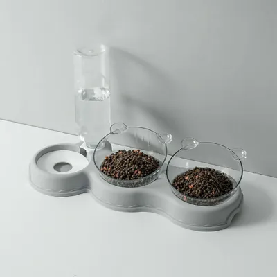 Immagine prodotto di 3 in 1 ciotola per animali domestici ciotola per gatti stazione di alimentazione inclinata con fontanella grigio