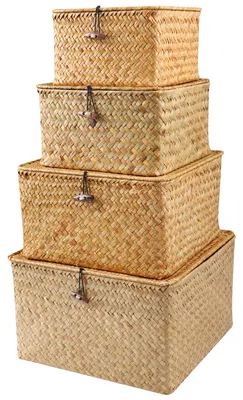 Produktbild von Set aus 4 Rattan Aufbewahrungskörben - Handgewebte Seegras Körbe mit Deckel