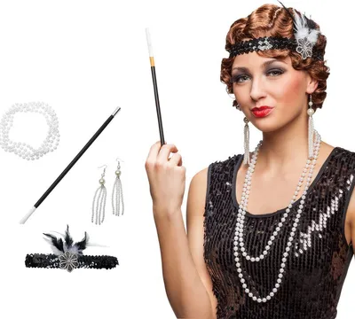 Produktbild von 20er Jahre Charleston Kostümset "Flapper" 5-tlg. - 414045 | Schwarz Weiß
