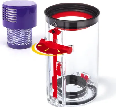 A purple filter and a clear dustbin with red internal mechanisms are shown against a white background.