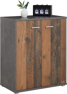 A shoe cabinet with a mixed material finish, featuring a concrete-look frame and wooden doors, placed on a light gray surface.