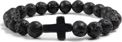 Produktbild von Kreuz Armband Perlenarmband für Damen&Herren aus Lavastein Schwarz Matt Männer Geschenk
