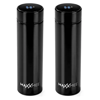 Immagine prodotto di Set di 2 termobili con indicatore di temperatura, capacità 500 ml. Borracce termiche in acciaio inossidabile, colore nero, ideali per bevande calde e fredde, come caffè e tè