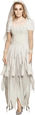 A woman in a ghostly bride costume.