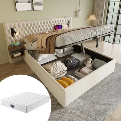 Produktbild von STILVORA Polsterbett 160 x 200 cm Doppelbett mit USB-Ladeanschluss & Leselicht, Hydraulisch Stauraumbett mit Nachttischen & Bettkästen, Beige (mit Matratze)
