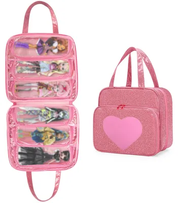 Puppenkoffer mit 6 Fenstern, PU-Leder, 29,5x13,2x26,9 cm, rosa